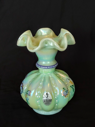 Fenton  Sea Mist Green Iridized Carnival Pansies Beaded Melon Vase S6853-3H - Picture 3 of 7