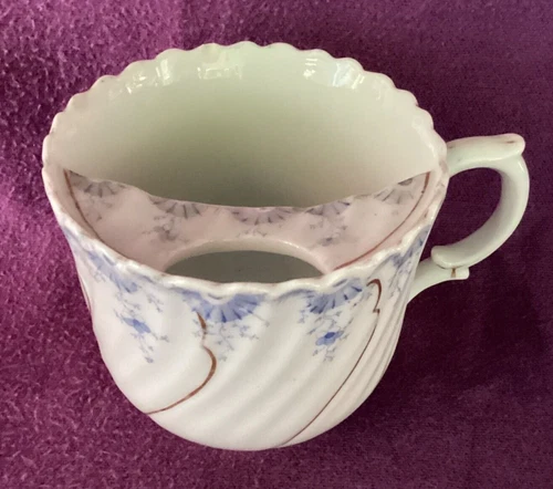 Vintage Porcelain Mustache Mug/Cup Blue Floral Gold Accents 3”