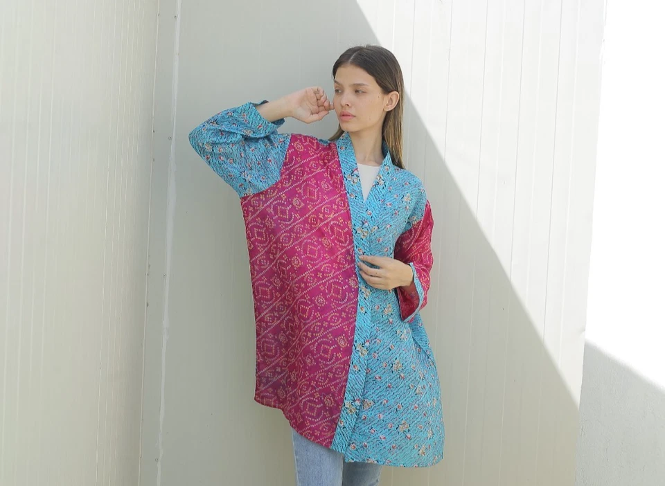 Chaqueta plumero kimono corta de seda pura cárdigan gorra bata suelta azul PS KMS3090 Foto 2 de 4