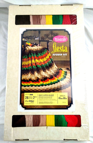 Vtg WONDER ART Fiesta Afghan Kit 45" x 60" Crochet Shell Stitch Orlon Acrylic - Picture 2 of 5