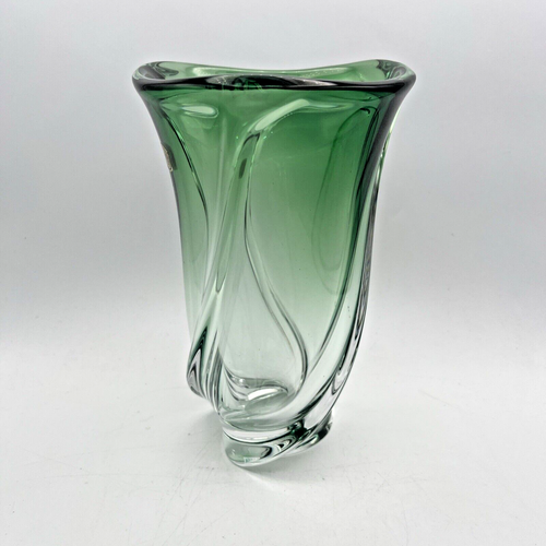 Val St. Lambert Signed Green Belgium Vase Twisted Ombre 8" Crystal Glass - Picture 2 of 7