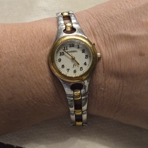 Vtg Fossil F2 Lighted Glow Bracelet Watch Gold & Siler Tone SS New Battery
