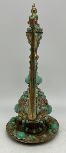 Vintage Brass Decorative Turkish Tea Pot with Faux Turquoise Cabachons - Picture 4 of 8