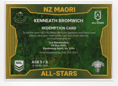 2022 NRL Elite All-Star Signature & Patch Kenneath Bromwich #33/42 - Bild 2 von 2