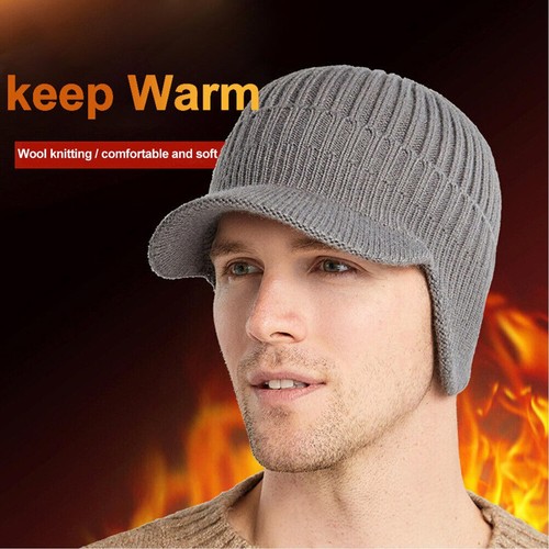 Men's Winter Wool Blend Visor Brim Beanie with Bill Knit Baseball Cap Skull Hat - Picture 7 of 13