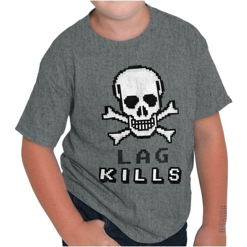 Pixelated Skull Crossbones Lag Kills Joke Youth Crewneck T Shirts Boy or Girl - Picture 1 of 2