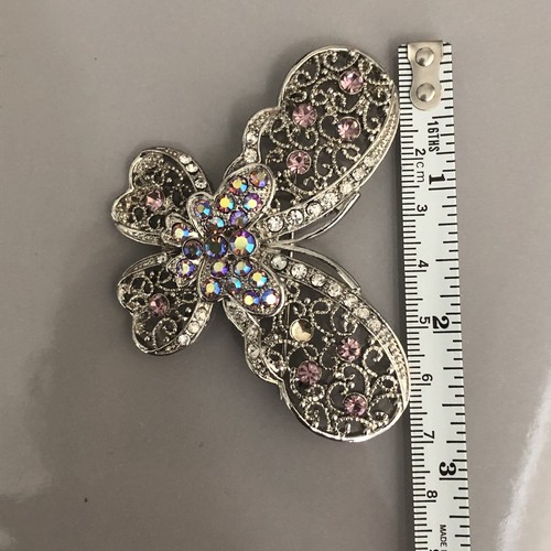Butterfly Brooch Costume Jewelry Silvertone Filigree Marquis pink rhinestones AB - Picture 7 of 14
