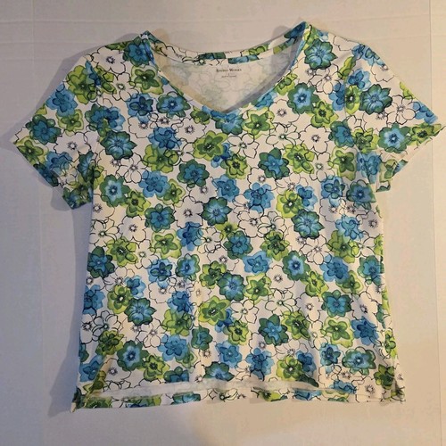 Studio Works Women’s L 100% Cotton Floral Print V-Neck Short Sleeve T‑Shirt Top
