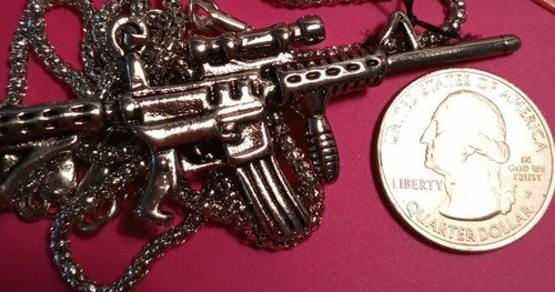 AR15 GUN/RIFLE PENDANT CHAIN/NECKLACE Pistol Machine Gun Jewelry Grey - Picture 8 of 8