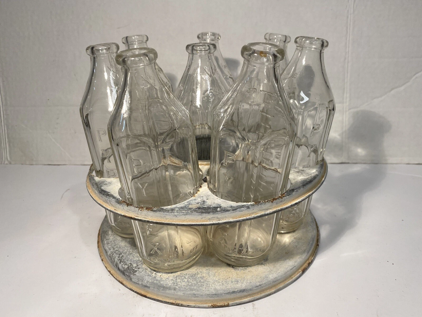 Vintage Pyrex Glass Baby Bottle Set Of Eight With Holder Base