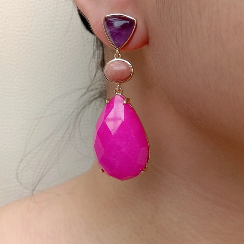 Fuchsia Jade Amethyst Red Aventurine Bezel Set Gemstone Dangle Earrings - Picture 5 of 6