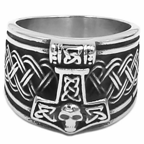 Thors Hammer Ring Mens Silver Stainless Steel Norse Viking Mjolnir Band - Picture 2 of 5
