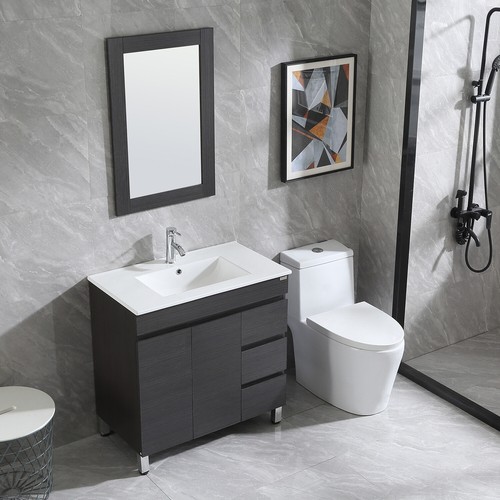 32" Bathroom Vanity With Sink Wood Cabinet Free Standing Modern Black w/Drain - Picture 3 of 10