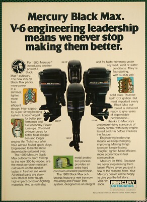 Mercury Black Max V-6 Engineering 225 hp Outboard Motor Vintage Print Ad 1980