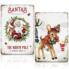 2Pcs Vintage Christmas Decor Santa's Workshop Reindeer Metal Signs Plaque Ret...