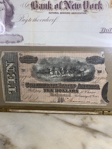 Antique $10 Confederate Dollar and AntiquNew York Bank Check Displayed In Frame - Picture 2 of 9