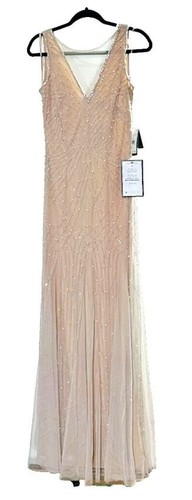 Adrianna Papell Women's Beaded Illusion Godet Gown Silver Nude Sleeveless Size 0 - Picture 7 of 13