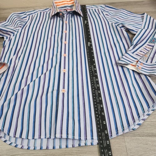 Camicia blu Robert Graham taglia L bottoni polsino infradito righe gingham collo a punta - Foto 6 di 15