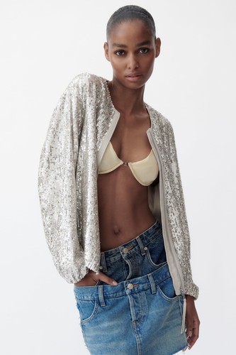 ZARA Sparkly SEQUIN RELAXED BOMBER JACKET Size L RRP £100 Silver Beige BNWT - Picture 10 of 18