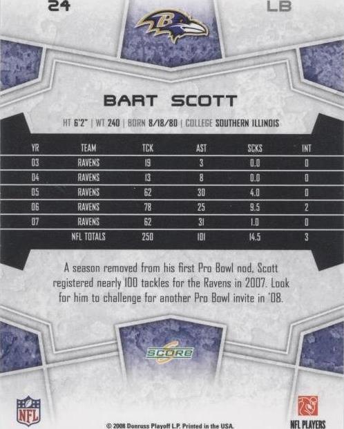 2008 Score Select Bart Scott #24