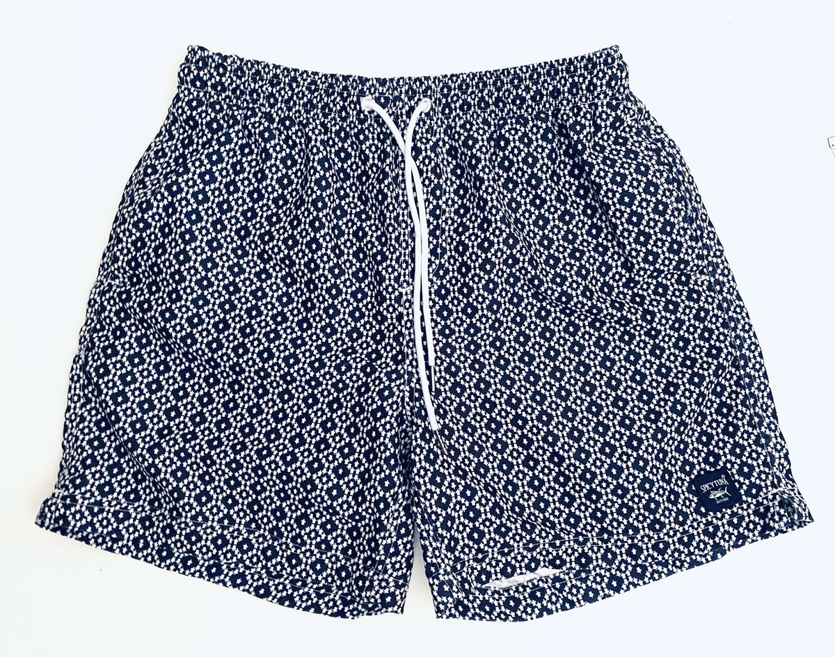 Spicy Tuna Swim Shorts Mens Medium Bathing Suit Trunks Blue Print