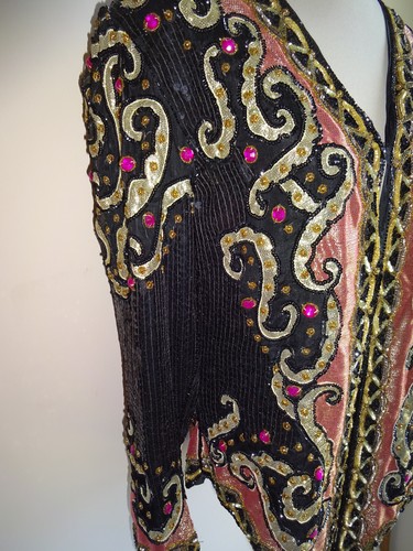 NOS Womens Vintage 1980s/1990s Black Sequin Pure Silk Jacket M Rhinestones Lined - Picture 4 of 9
