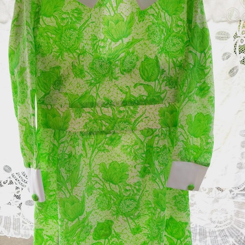 Vintage 70s Handmade Women's M Green Floral Dress White Collar Zipper Back - Picture 10 of 16