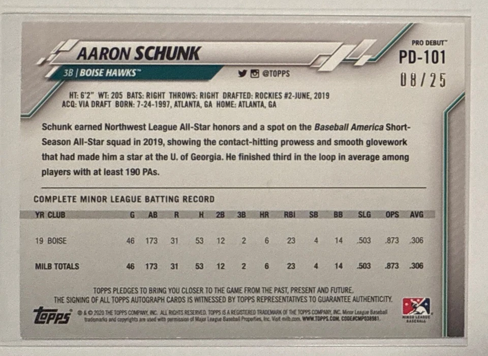 Aaron Schunk 2020 Topps Pro Debut Orange Rookie Auto #d 43/99 #PD-101 Rockies Rc - Image 2 of 2