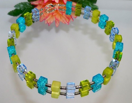 Halskette Würfelkette Perlen Würfel Glas lemon grün türkis 266t - Bild 7 von 11