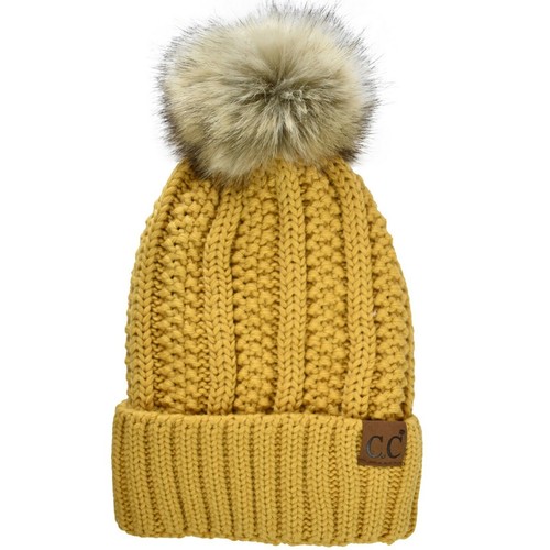 C.C Beanie Pastel Thick Cable Knit Faux Fuzzy Fur Pom Fleece Lined Cuffed Cap - Picture 3 of 47