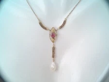 ANTIQUE VICTORIAN SOLID 10K GOLD PINK STONE & BAROQUE PEARL LAVALIER NECKLACE