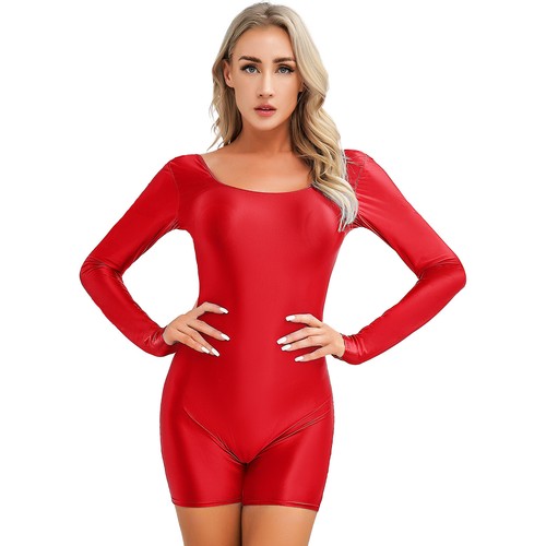 Womens Glossy Long Sleeve Bodysuit Stretchy Yoga Bodybuildings Short Jumpsuits - Afbeelding 24 van 79