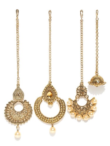 Indian Bollywood Set of 4 Dazzling Diamonds Embellished Head Chain Maangtikka