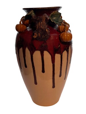 Handcrafted Home Decor Vase W/Pumpkin, Fall, Leaf Accents In Burgundy & Cream