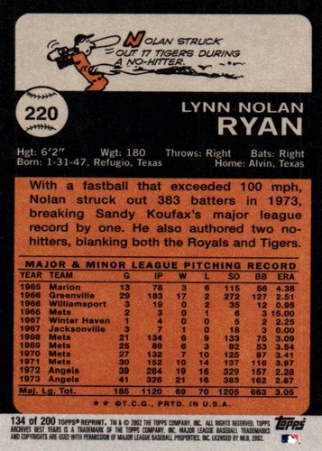 2002 Topps Archives - Nolan Ryan #220 Trading Card - Bild 2 von 2