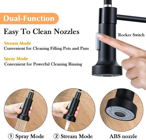 Grifería de cocina negra con ducha 360° mezclador monomando extensible acero inoxidable cocina - Imagen 6 de 11