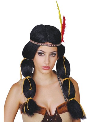 POCAHONTAS ROSSO Squaw Indiano Nero Parrucca Princess Fancy Dress Party Nativi americani