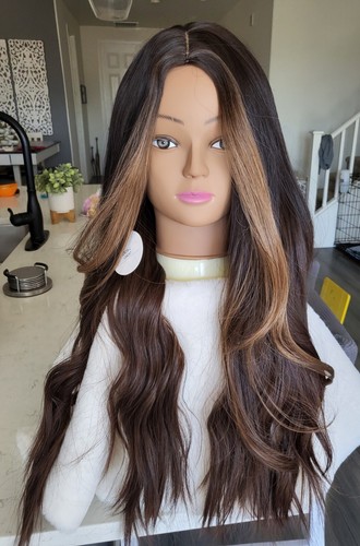 Mahogany BROWN Synthetic Wig With Light BROWN Face Framing, Mid-Part, Heat... - Picture 5 of 12