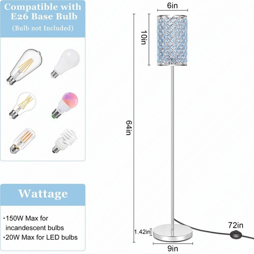 Floor Lamp for Living Room, Crystal Floor Lamp Girl Bedroom Lights, Silver St... - Picture 3 of 6