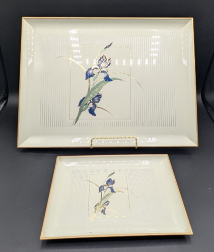 4 Piece Otagiri Grand Iris Laquer Jewelry Dresser Set 2 Music Boxes 2 Trays Grey - Picture 4 of 17