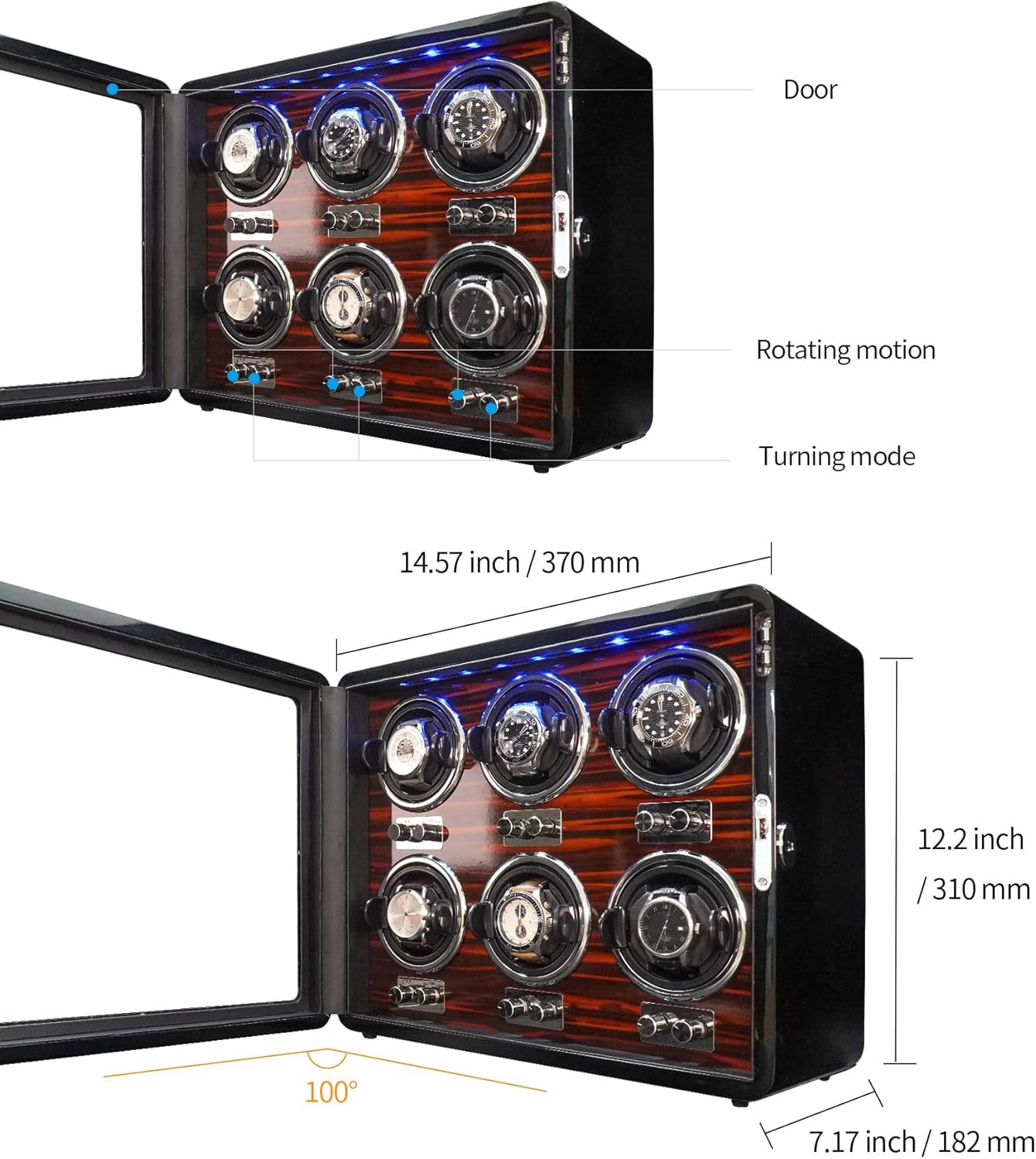 6 Watch Winders for Automatic Watches Wooden Rotating Watch Box 15 Rotation Mode