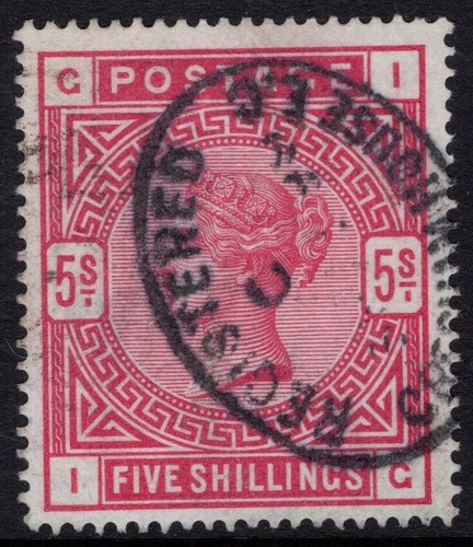 1883-84 5s ROSE, SG 180, GRESHAM HOUSE REGISTERED DATESTAMP, CAT. £250