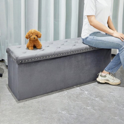 JZH7-Velvet Storage Bench Ottoman With Upholstered Rectangle Ottoman With Lift-O - Picture 2 of 19