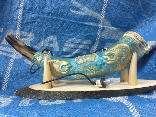 12-16" " Anointing Oil Painted Ram Shofar Horn Jerusalem+ With Wood Stand - Mad - Picture 6 of 13