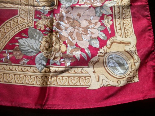 Vintage Print Scarf Flowers & Scrolls Dark Red Tan Brown Green SC56 - Picture 4 of 12