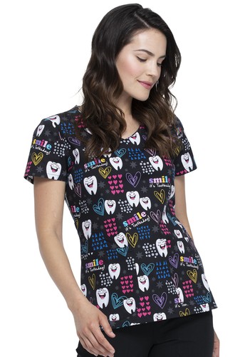 Smile It's Toothsday Dickies Scrubs EDS V Neck Top DK700 SITD - Picture 2 of 5
