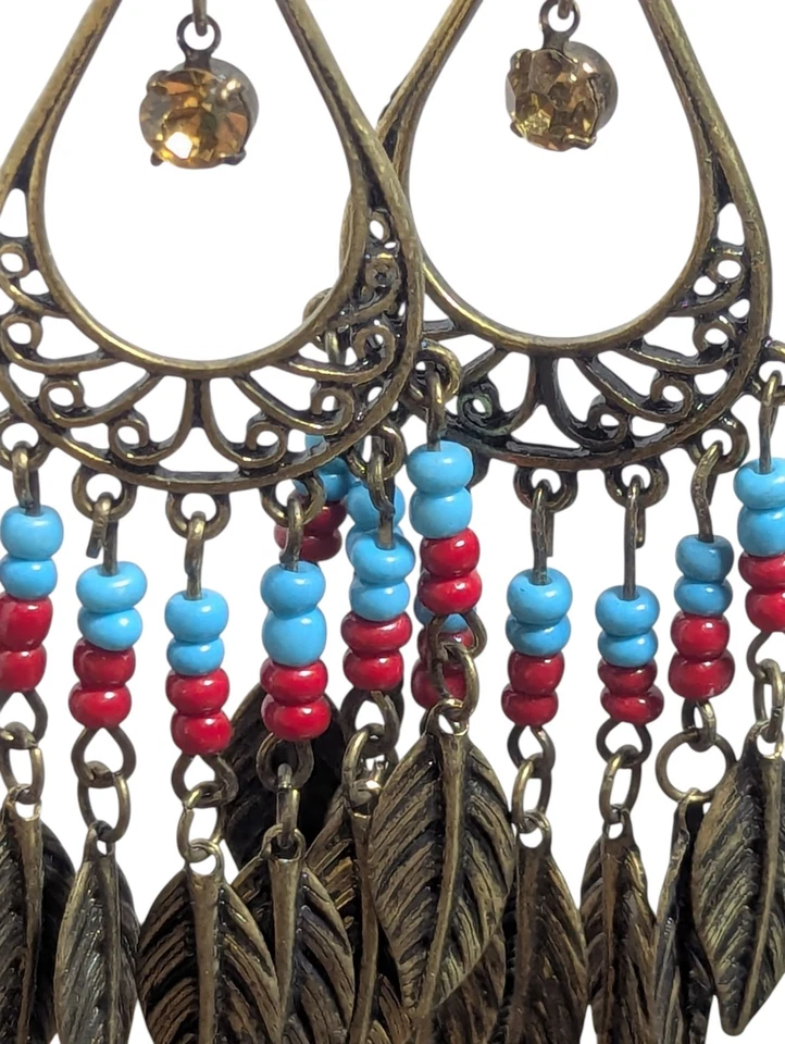 AE31 - Pendientes Colgantes Boho Medio Oeste Rojo Azul Pluma Tono Bronce Foto 3 de 3