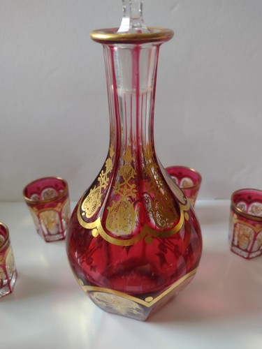 Rare MOSER BOHEMIAN ELEGANT GOLD GILT CRANBERRY DECANTER & 9 GLASSES - Bild 6 von 21