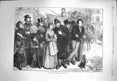 Original Old Antique Print 1870 Street Scene Eclipse Sun Policeman Horses Coach
