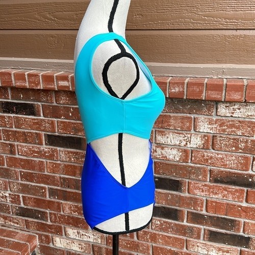 One Shoulder Blue Colorblock Women's Small Cutout Monokini One Piece Swimsuit - Picture 2 of 5